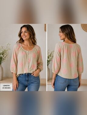 Boden Embroidery 100% Cotton  Beige with Neon Pink Flowy 3/4 Sleeve  US 6R Boho